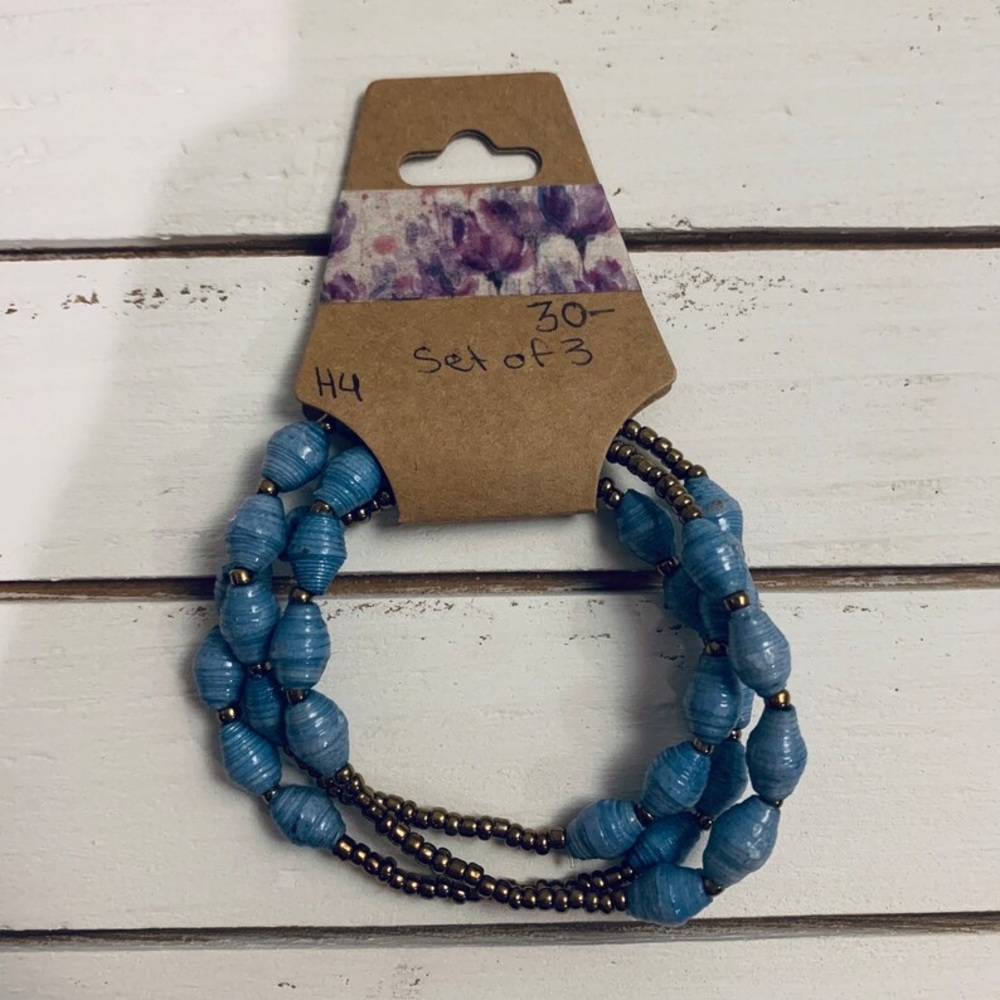 Set of 3 Handmade Blue Paper Bead Bracelets